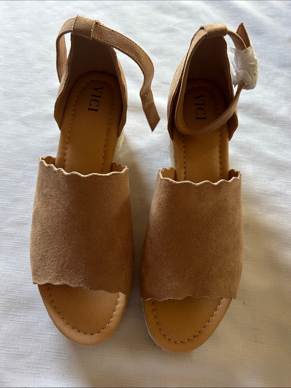 VICI Tan Scallop Suede Ankle-Strap Sandals